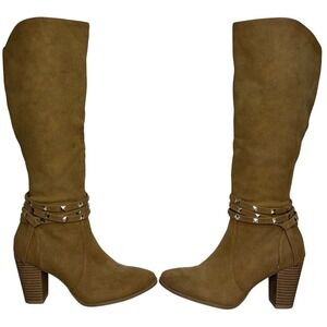 Womens Tan Suede Knee High Boots Studded Strap Chunky Heel Side Zip Size 7.5